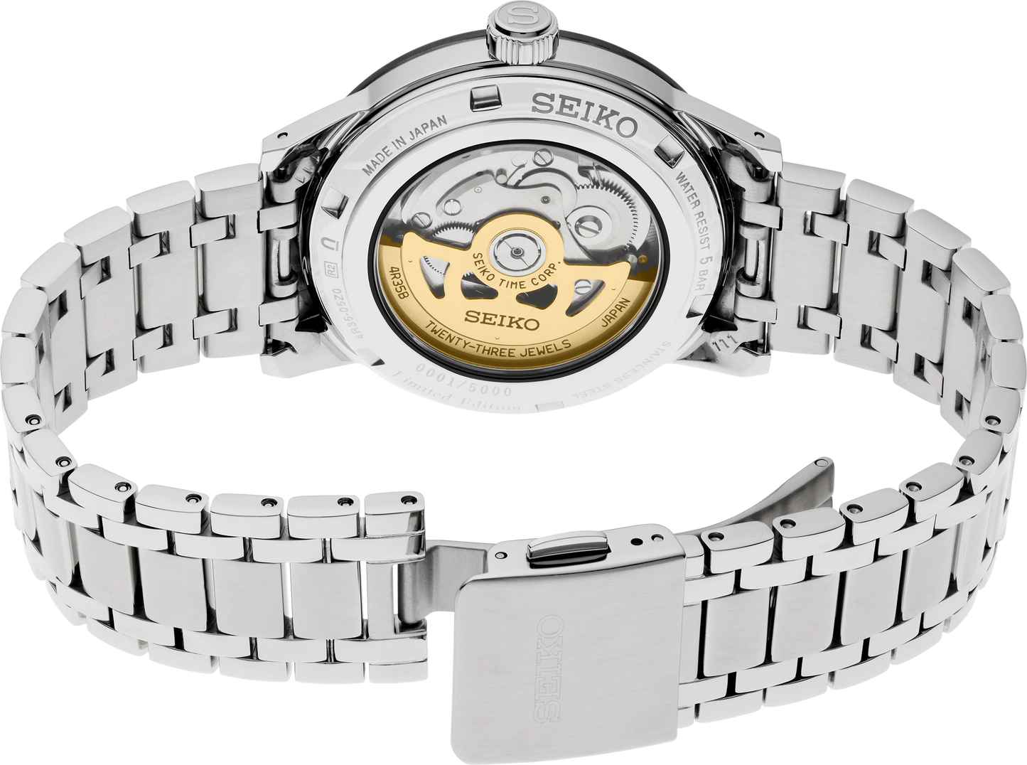SEIKO SRPK61 Presage Style60’s 60th Anniversary Limited Edition – ivory dial, black bezel, stainless steel bracelet, automatic movement, limited to 5,000 pieces, and 50m water resistance.