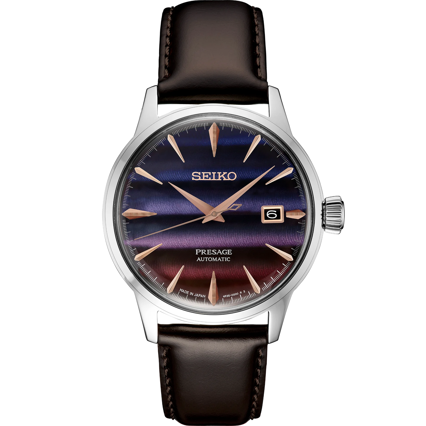 SEIKO SRPK75 Presage Cocktail Time Limited Edition – blue gradated dial with horizontal pattern, rose gold accents, brown leather strap, automatic movement, and 50m water resistance.