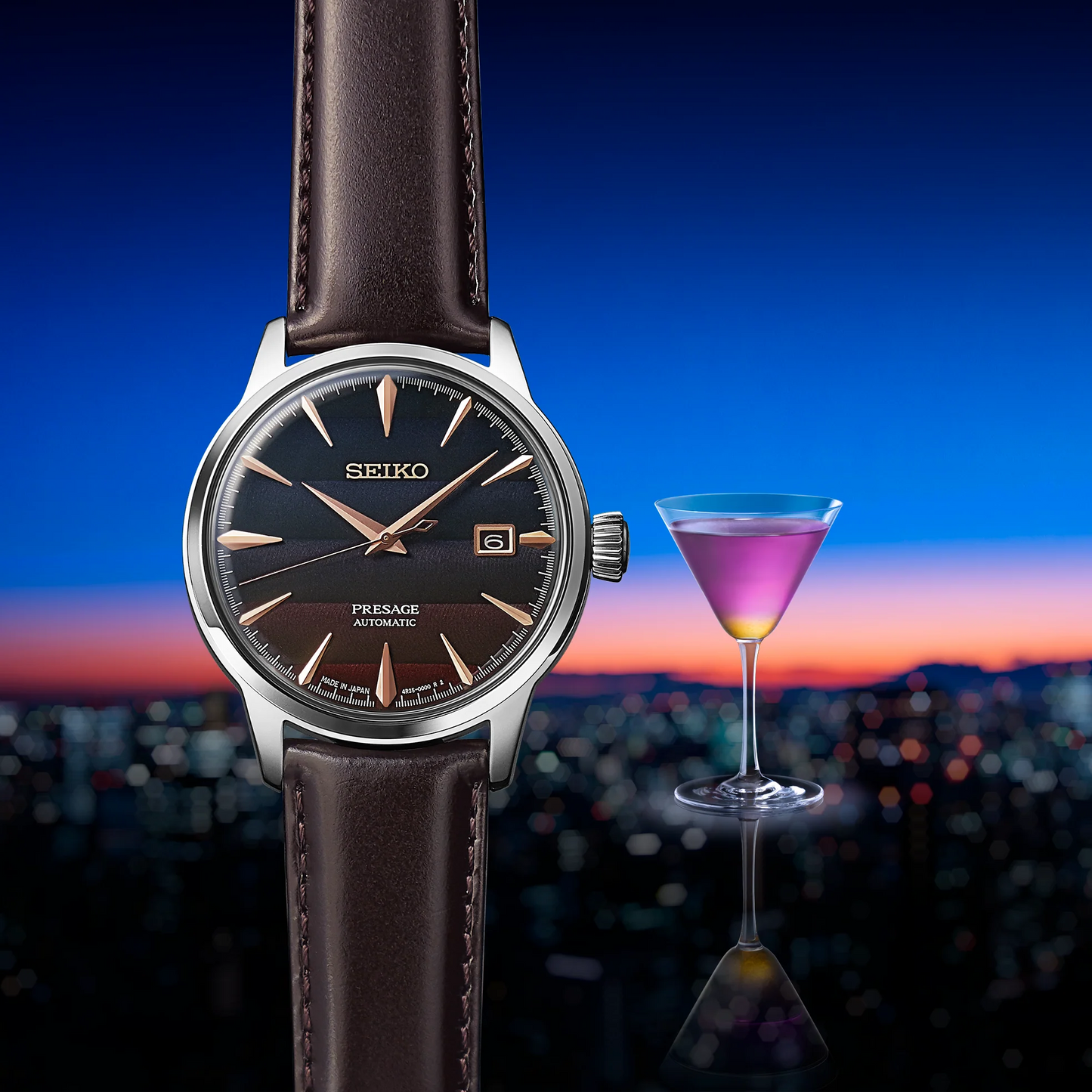 SEIKO SRPK75 Presage Cocktail Time Limited Edition – blue gradated dial with horizontal pattern, rose gold accents, brown leather strap, automatic movement, and 50m water resistance.