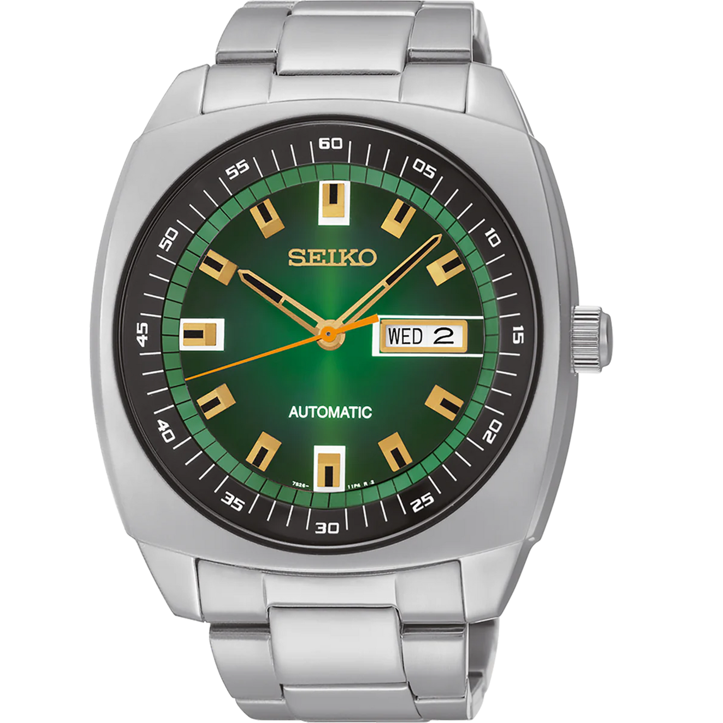 Seiko SNKM97 – bold retro-style automatic watch from the Recraft Series with green sunray dial, gold-tone accents, cushion-shaped stainless steel case, and see-through caseback.