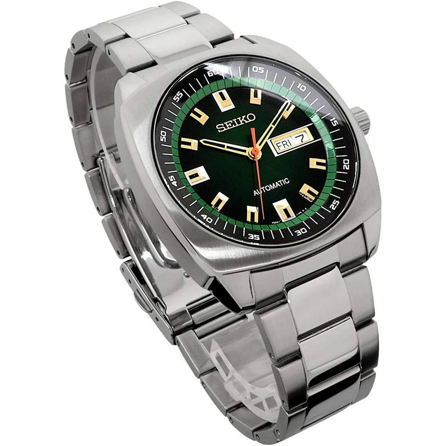 Seiko SNKM97 – bold retro-style automatic watch from the Recraft Series with green sunray dial, gold-tone accents, cushion-shaped stainless steel case, and see-through caseback.