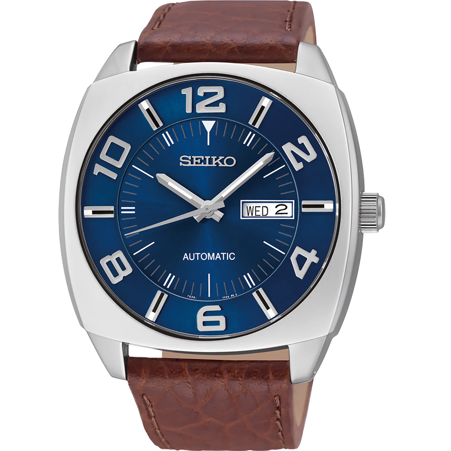 Seiko SNKN37 Recraft – bold blue dial automatic watch with retro cushion-shaped case, brown leather strap, luminous markers, see-through caseback, and 41-hour power reserve.