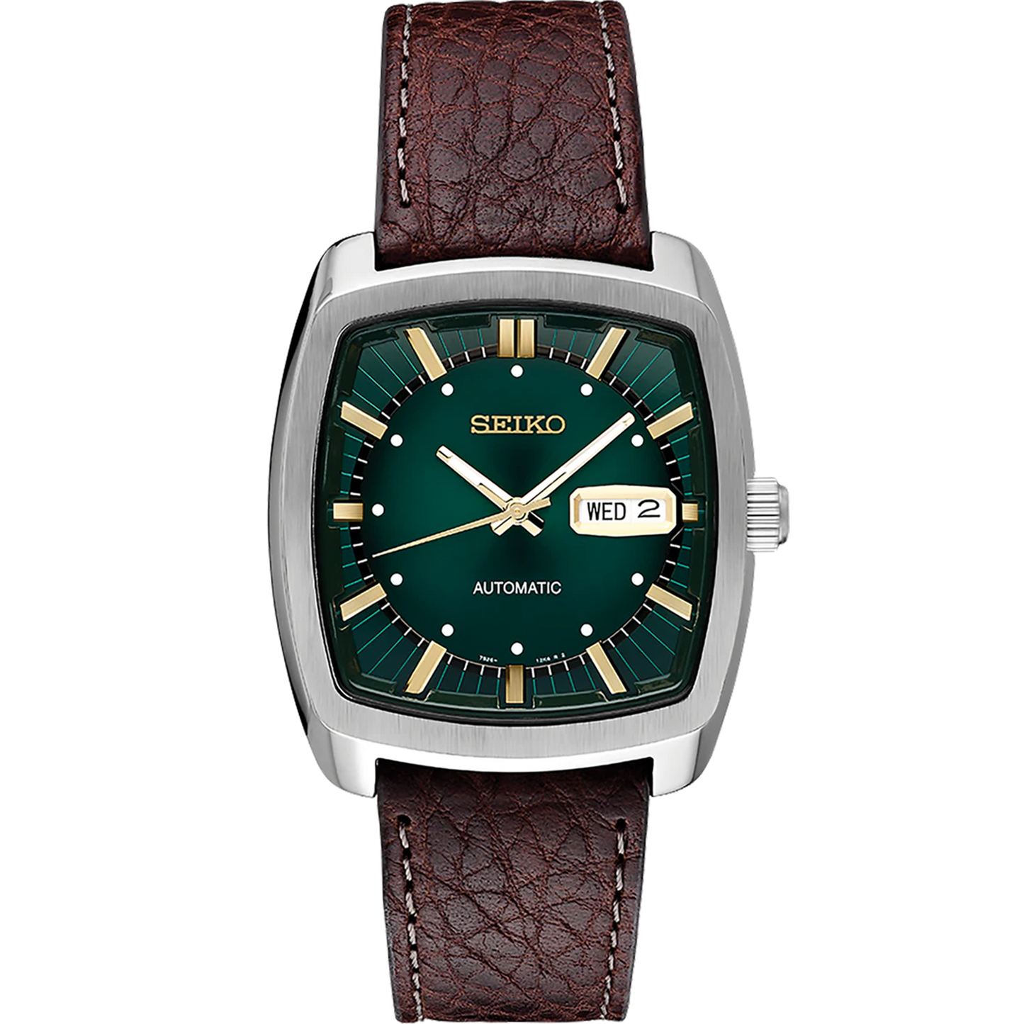 Seiko SNKP27 Recraft – retro cushion-shaped automatic watch with teal green dial, gold-tone markers, brown leather strap, see-through caseback, and 41-hour power reserve.