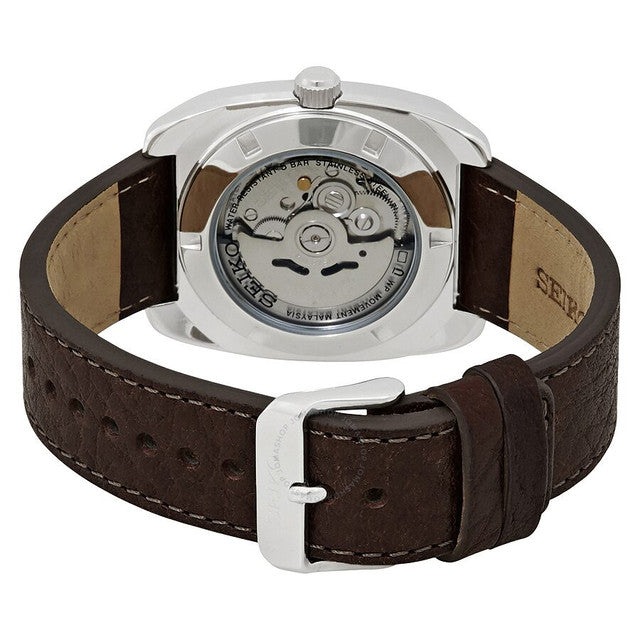 Seiko SNKP27 Recraft – retro cushion-shaped automatic watch with teal green dial, gold-tone markers, brown leather strap, see-through caseback, and 41-hour power reserve.
