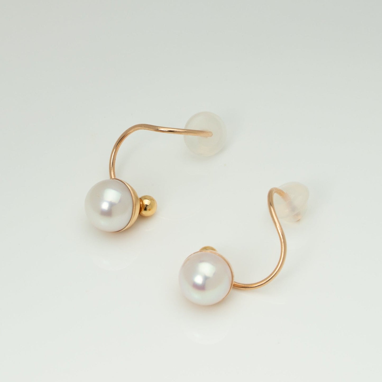 Shizuku (雫) Earrings - 18K Yellow Gold, 7mm White Rose Akoya Pearls, Elegant Minimalist Design, Handcrafted in Japan