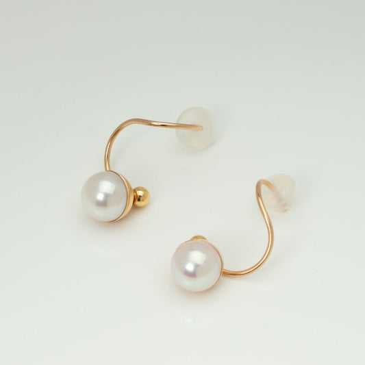 Shizuku (雫) Earrings - 18K Yellow Gold, 7mm White Rose Akoya Pearls, Elegant Minimalist Design, Handcrafted in Japan