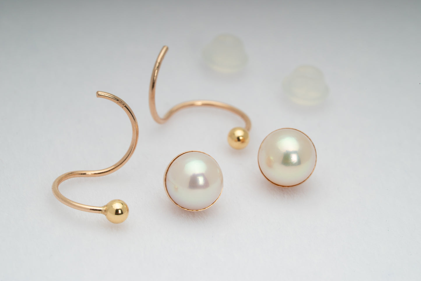 Shizuku (雫) Earrings - 18K Yellow Gold, 7mm White Rose Akoya Pearls, Elegant Minimalist Design, Handcrafted in Japan