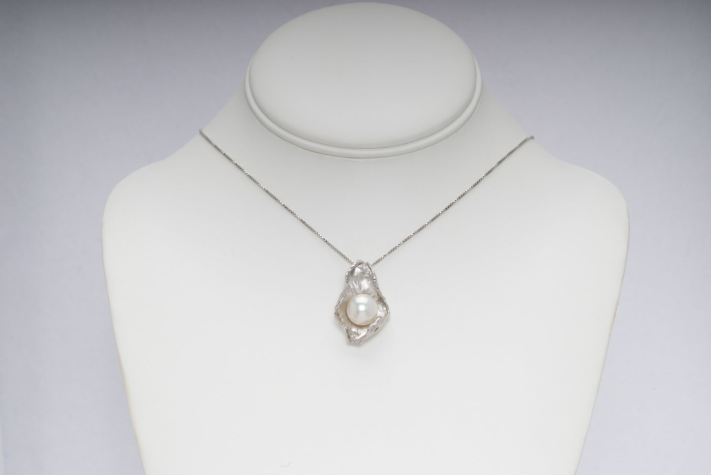 Fine quality 10-11 mm natural white freshwater pearl necklace with sterling silver handcrafted setting from Kofu Japan, button-shaped high-luster pearl, 16-inch chain, exclusive design by Miseki Jewelry