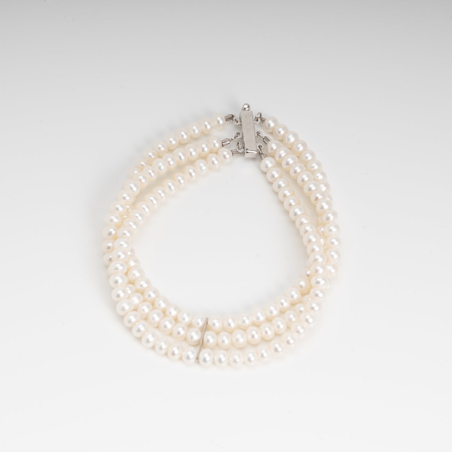 Triple Freshwater Pearl Bracelet - 14K White Gold, 3 Strands, 3x4.5mm Natural White Pearls, High Luster, 8.07 inches