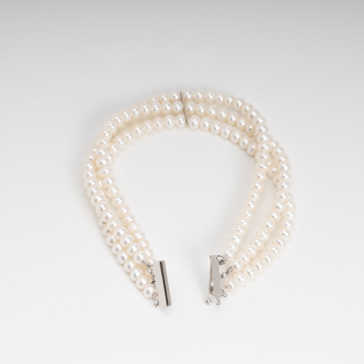Triple Freshwater Pearl Bracelet - 14K White Gold, 3 Strands, 3x4.5mm Natural White Pearls, High Luster, 8.07 inches