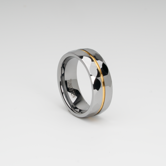 8mm Silver Tungsten Carbide Ring with Faceted Polished Finish, Gold Groove Inlay, Comfort Fit