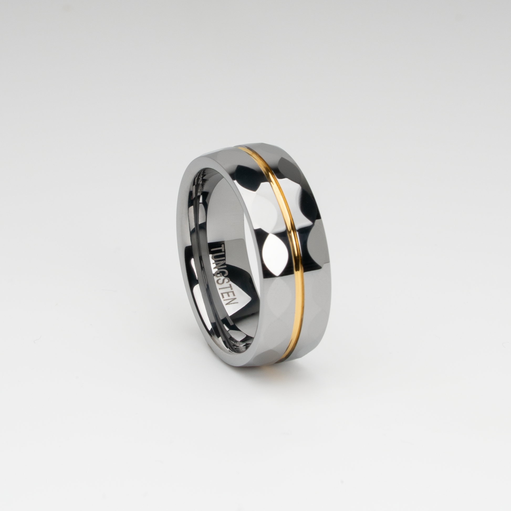 8mm Silver Tungsten Carbide Ring with Faceted Polished Finish, Gold Groove Inlay, Comfort Fit