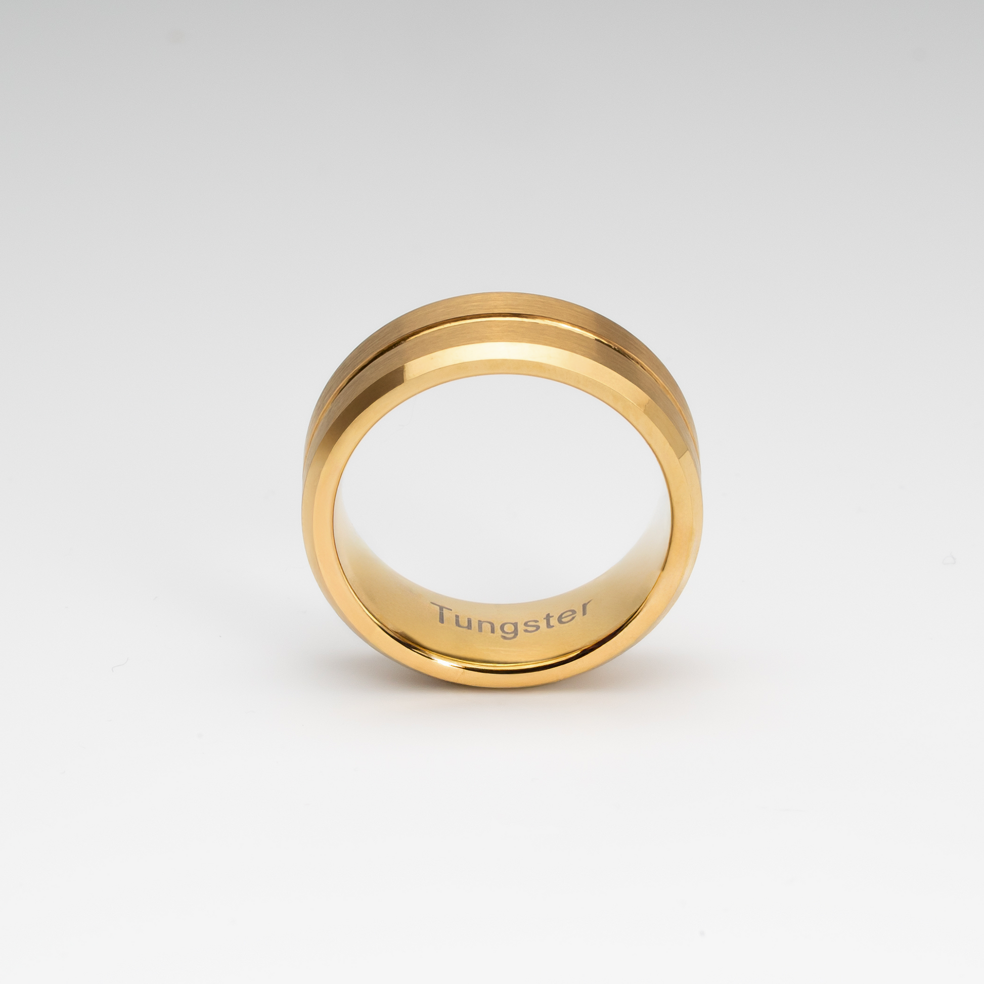 8mm Gold Tungsten Carbide Ring with Brushed Finish, Dual Groove Inlay, Polished Edges, Comfort Fit