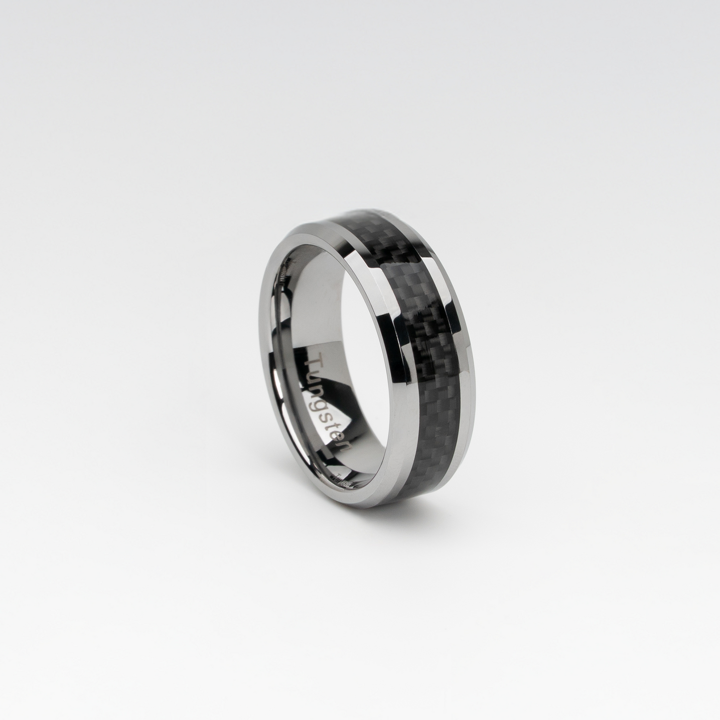 Tungsten Carbide Ring with Black Carbon Fiber Inlay – Polished Finish, Comfort Fit, Modern and Durable Men's Wedding or Fashion Band