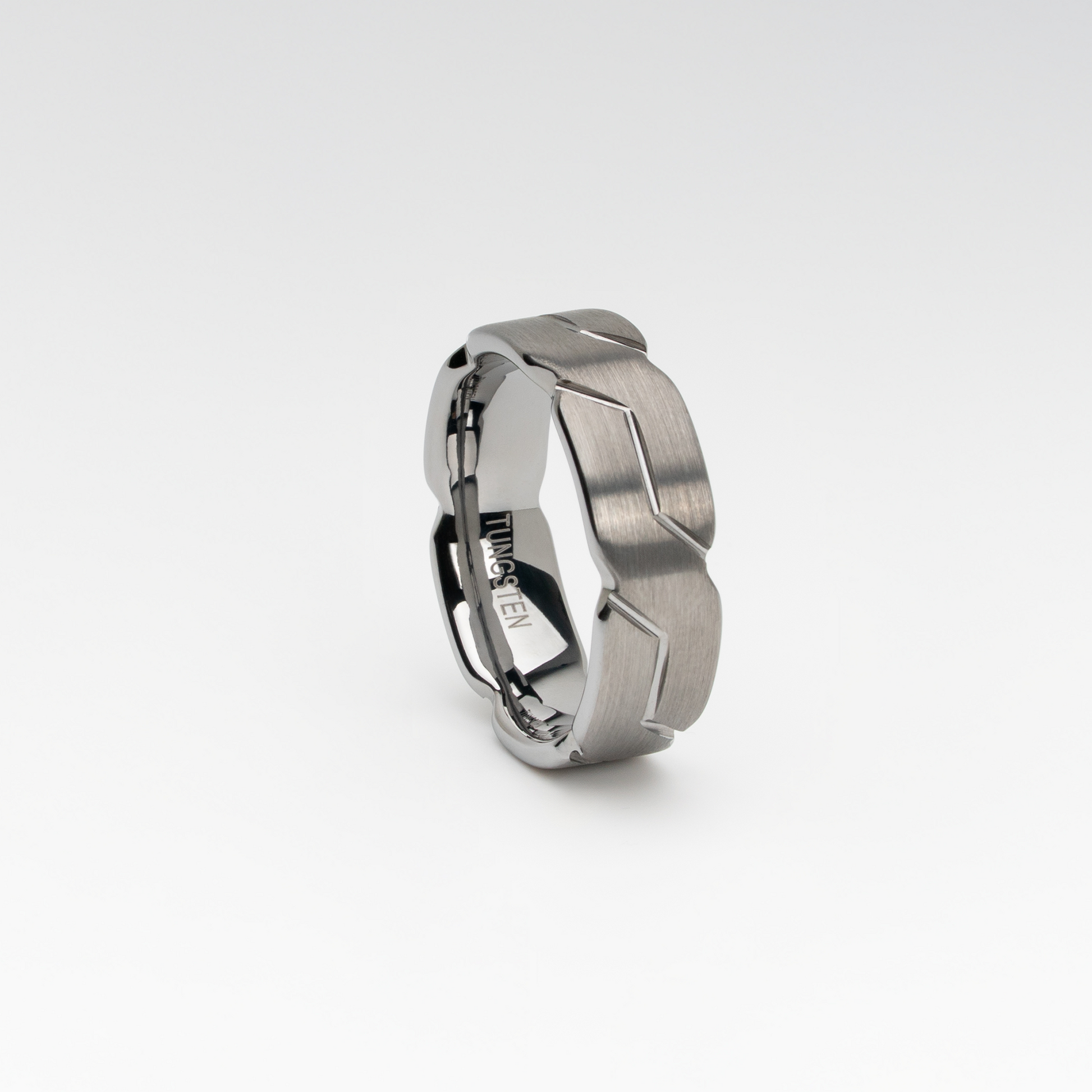 Brushed Silver Tungsten Carbide Ring with Geometric Link Pattern – 8mm Comfort Fit, Modern Men's Wedding Band or Fashion Ring, Scratch-Resistant and Durable