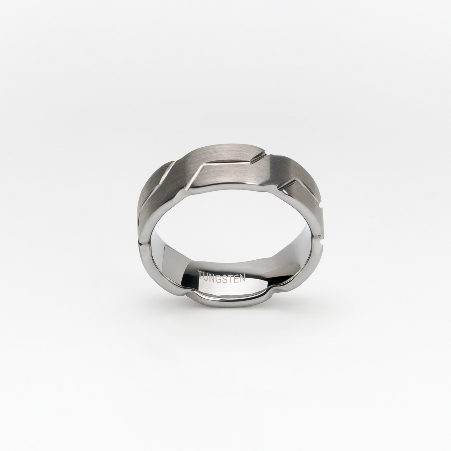 Brushed Silver Tungsten Carbide Ring with Geometric Link Pattern – 8mm Comfort Fit, Modern Men's Wedding Band or Fashion Ring, Scratch-Resistant and Durable