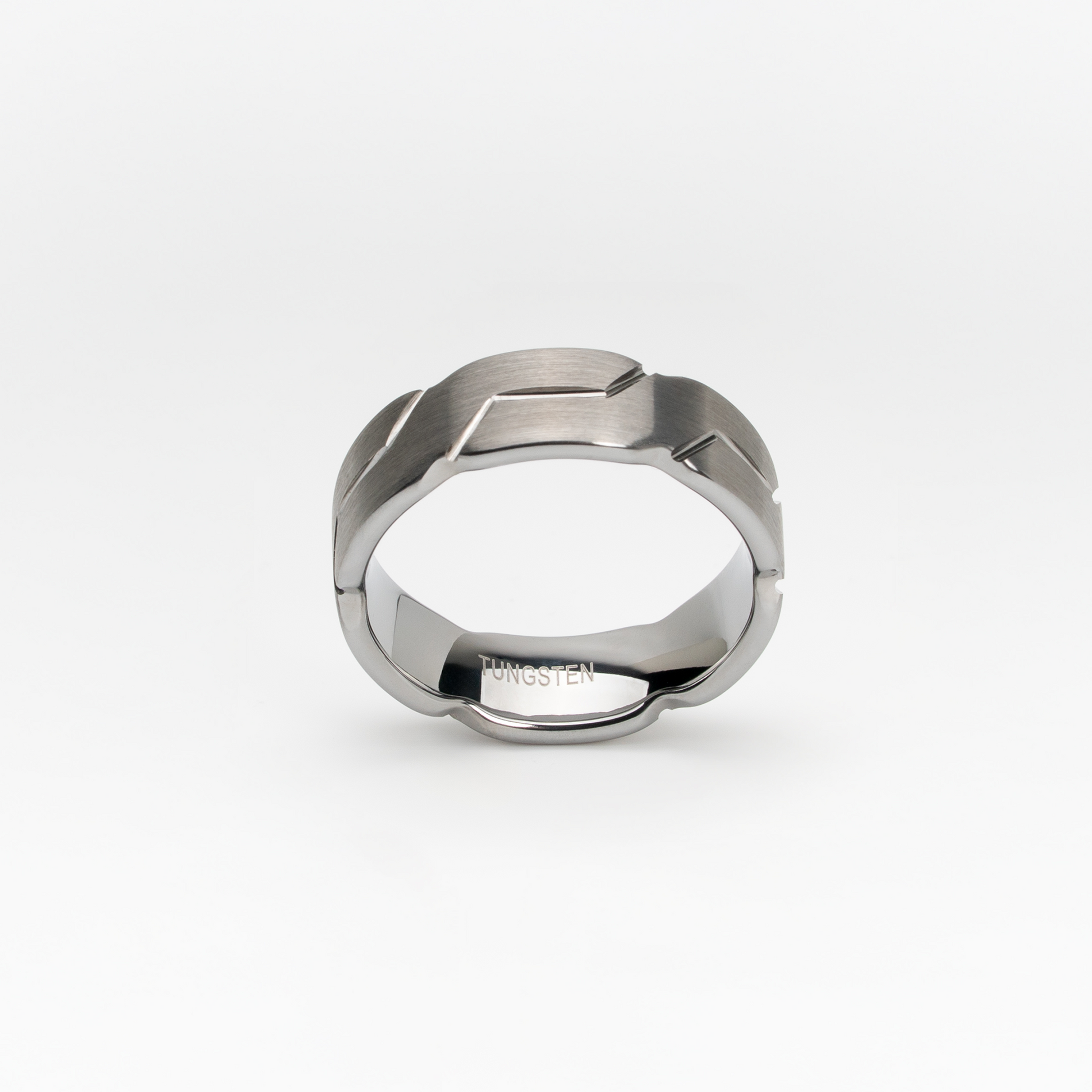 Brushed Silver Tungsten Carbide Ring with Geometric Link Pattern – 8mm Comfort Fit, Modern Men's Wedding Band or Fashion Ring, Scratch-Resistant and Durable