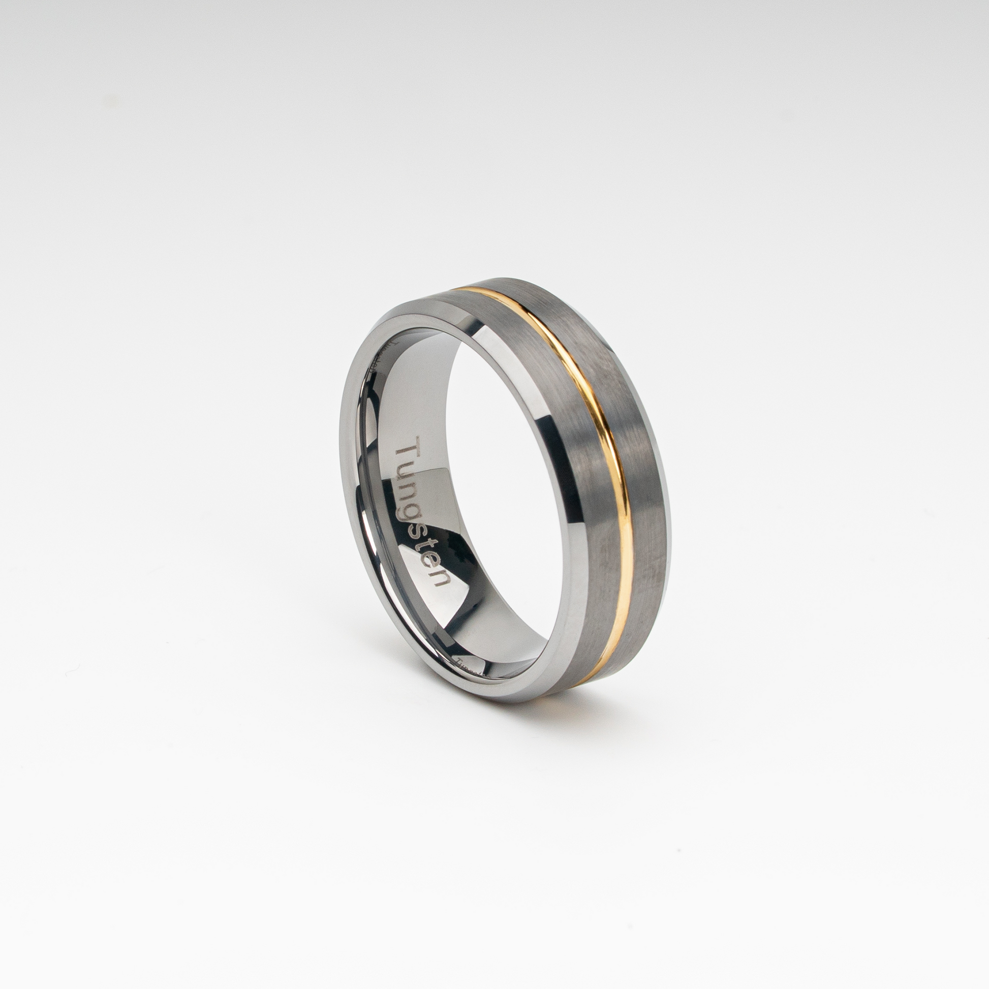 A brushed silver tungsten carbide ring with a polished beveled edge and a gold-tone center groove. Modern two-tone design, durable, scratch-resistant, and comfort fit—ideal as a men’s wedding band, anniversary ring, or stylish fashion accessory.