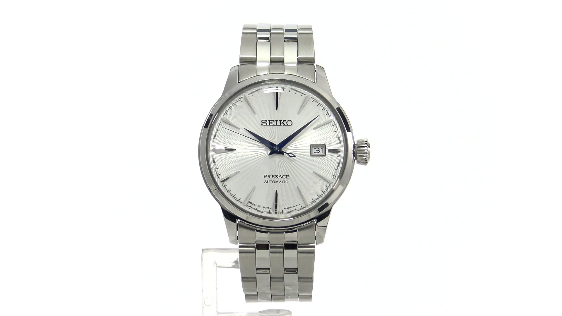 SEIKO SRPB77 Presage Cocktail Time – silver dial with pressed pattern and gloss finish, blue hands, stainless steel case and bracelet, automatic movement, and 50m water resistance.
