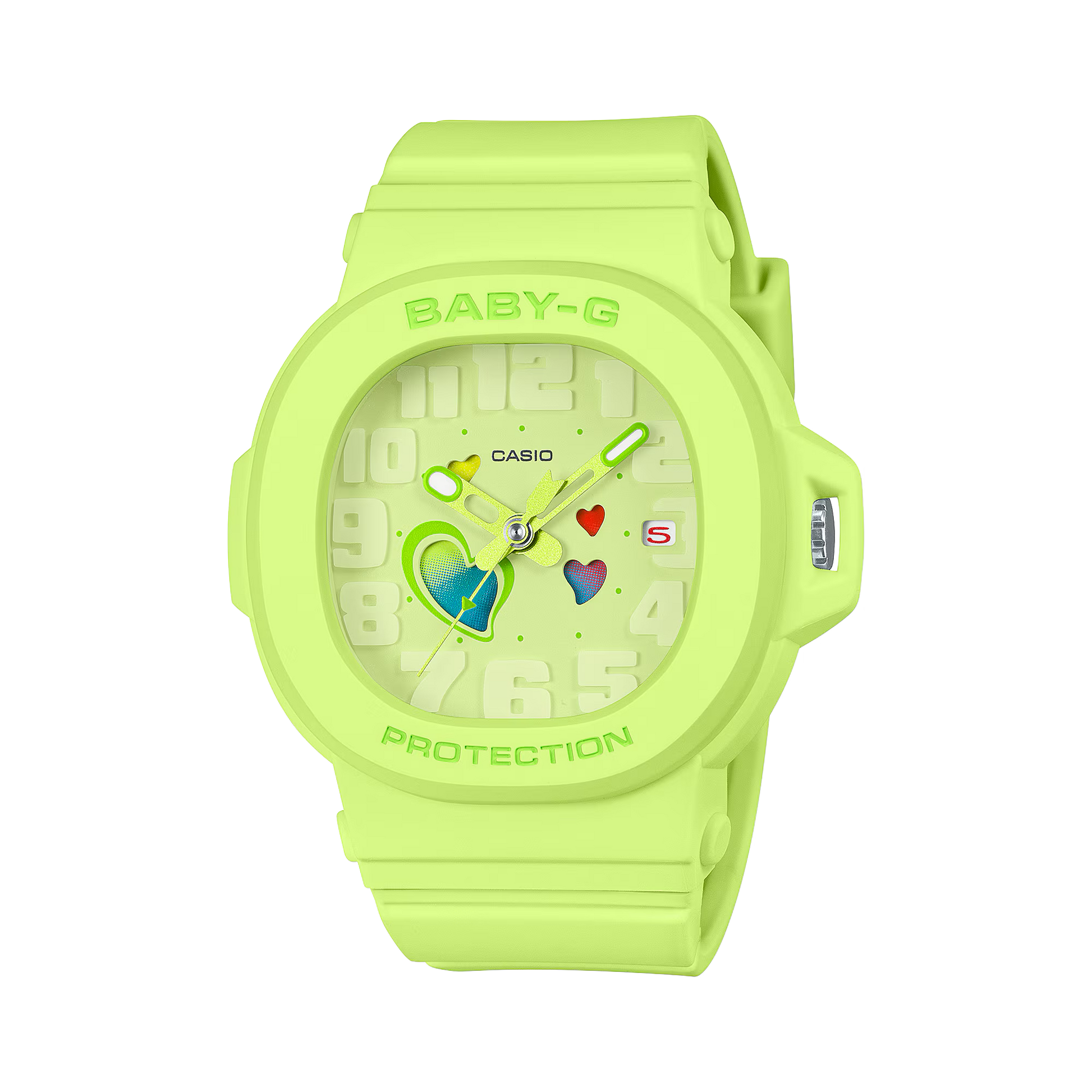 Casio BABY-G BGA10-3A Playful Hearts Series watch in vibrant lime-green resin with color-changing heart-motif dial, Cupid’s arrow seconds hand, detachable bezel revealing hidden heart detail, shock resistance, and 100m water resistance.