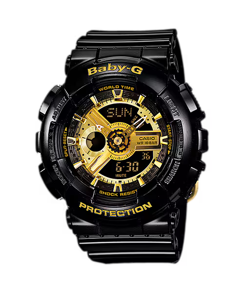 Casio BABY-G BA110-1A analog-digital watch with a bold black and gold colorway, GA110-inspired mechanical dial, layered 3D design, and shock-resistant Baby-G construction.