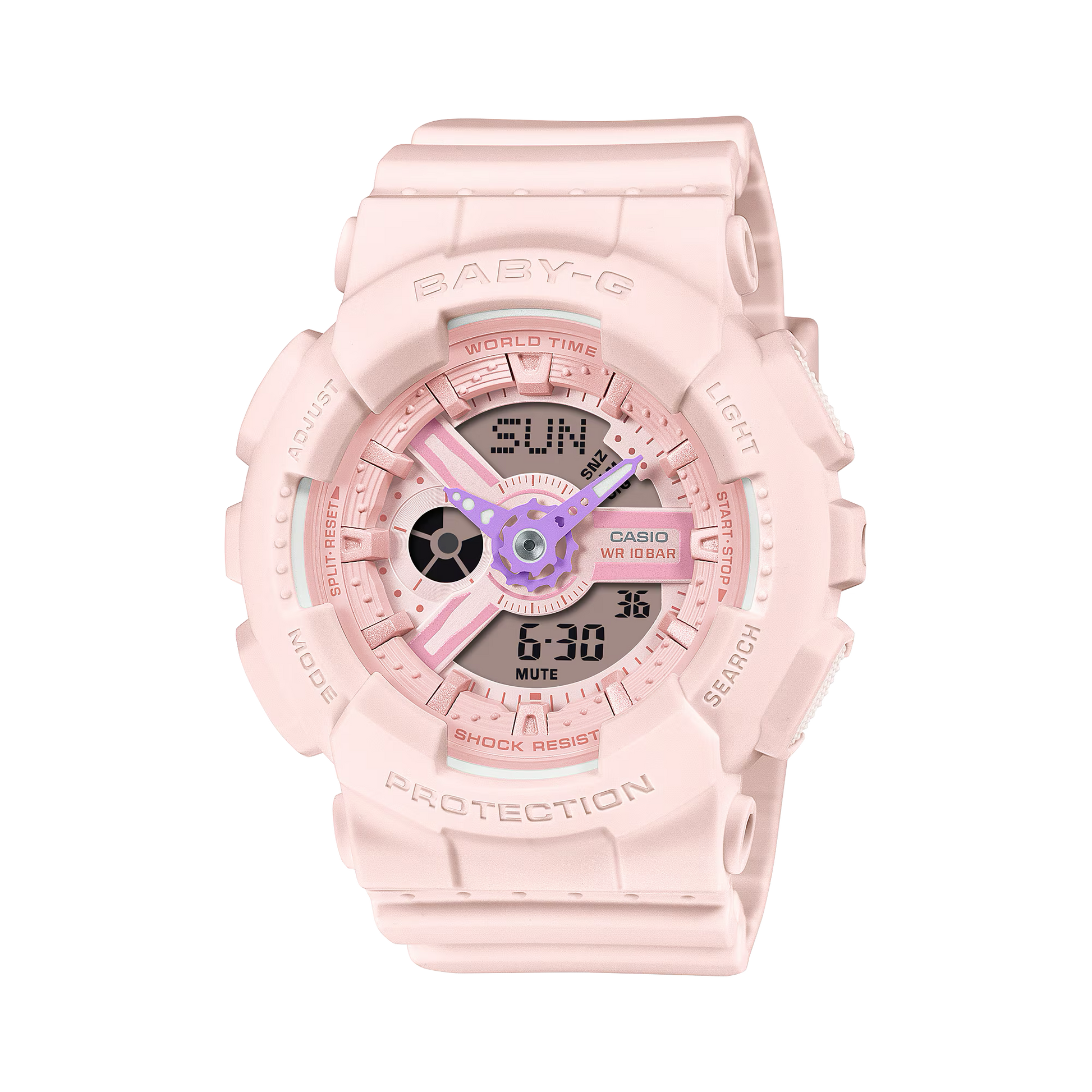 Casio BABY-G BA110AH-4A pastel pink analog-digital women’s watch with colorful accent hands, shock resistance, 100m water resistance, LED amber backlight, world time, stopwatch, and countdown timer.