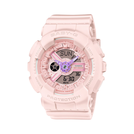 Casio BABY-G BA110AH-4A pastel pink analog-digital women’s watch with colorful accent hands, shock resistance, 100m water resistance, LED amber backlight, world time, stopwatch, and countdown timer.