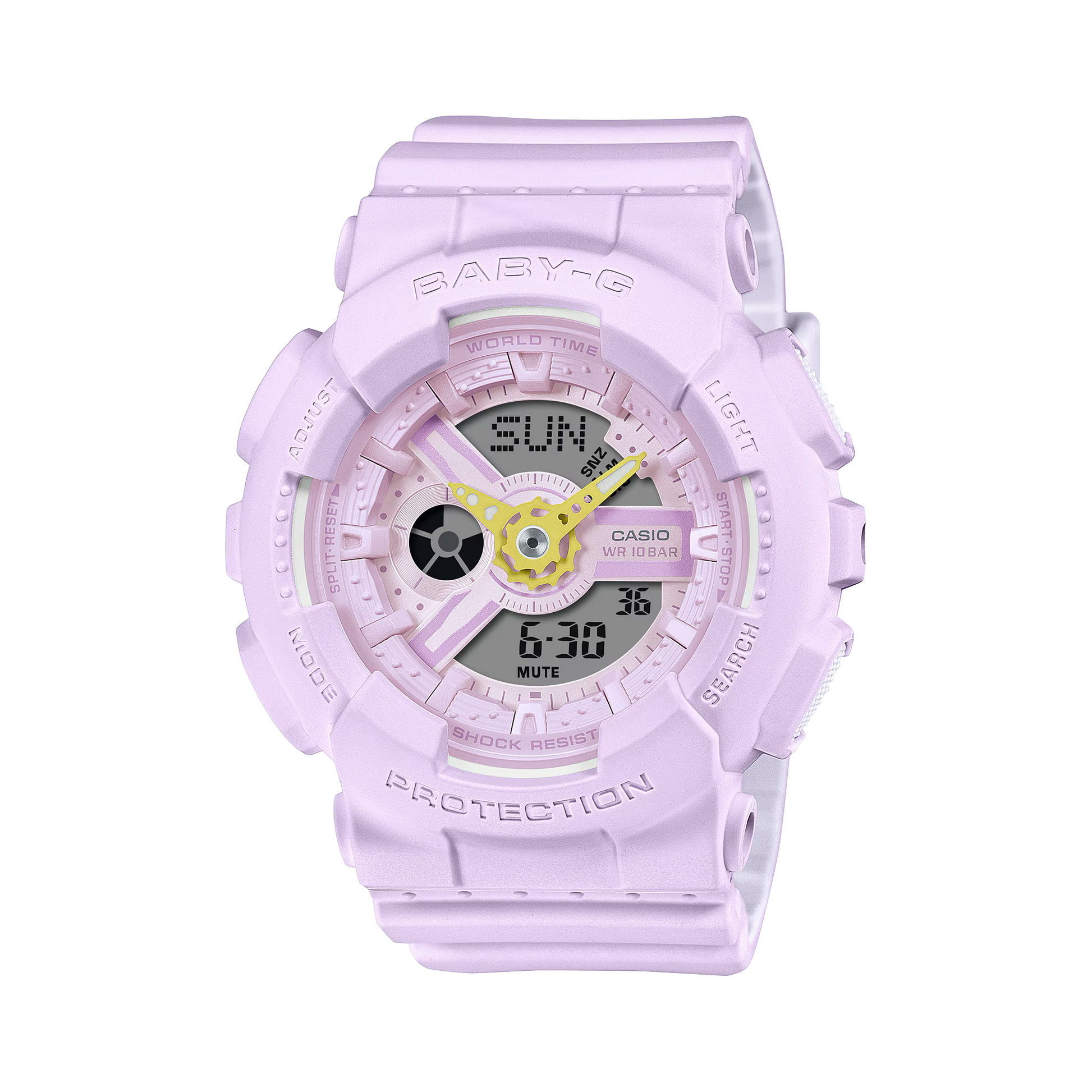 Casio BABY-G BA110AH-6A pastel purple analog-digital women’s watch with vibrant accent hands, shock resistance, 100m water resistance, LED amber backlight, world time, stopwatch, and countdown timer.