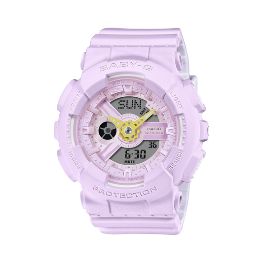 Casio BABY-G BA110AH-6A pastel purple analog-digital women’s watch with vibrant accent hands, shock resistance, 100m water resistance, LED amber backlight, world time, stopwatch, and countdown timer.
