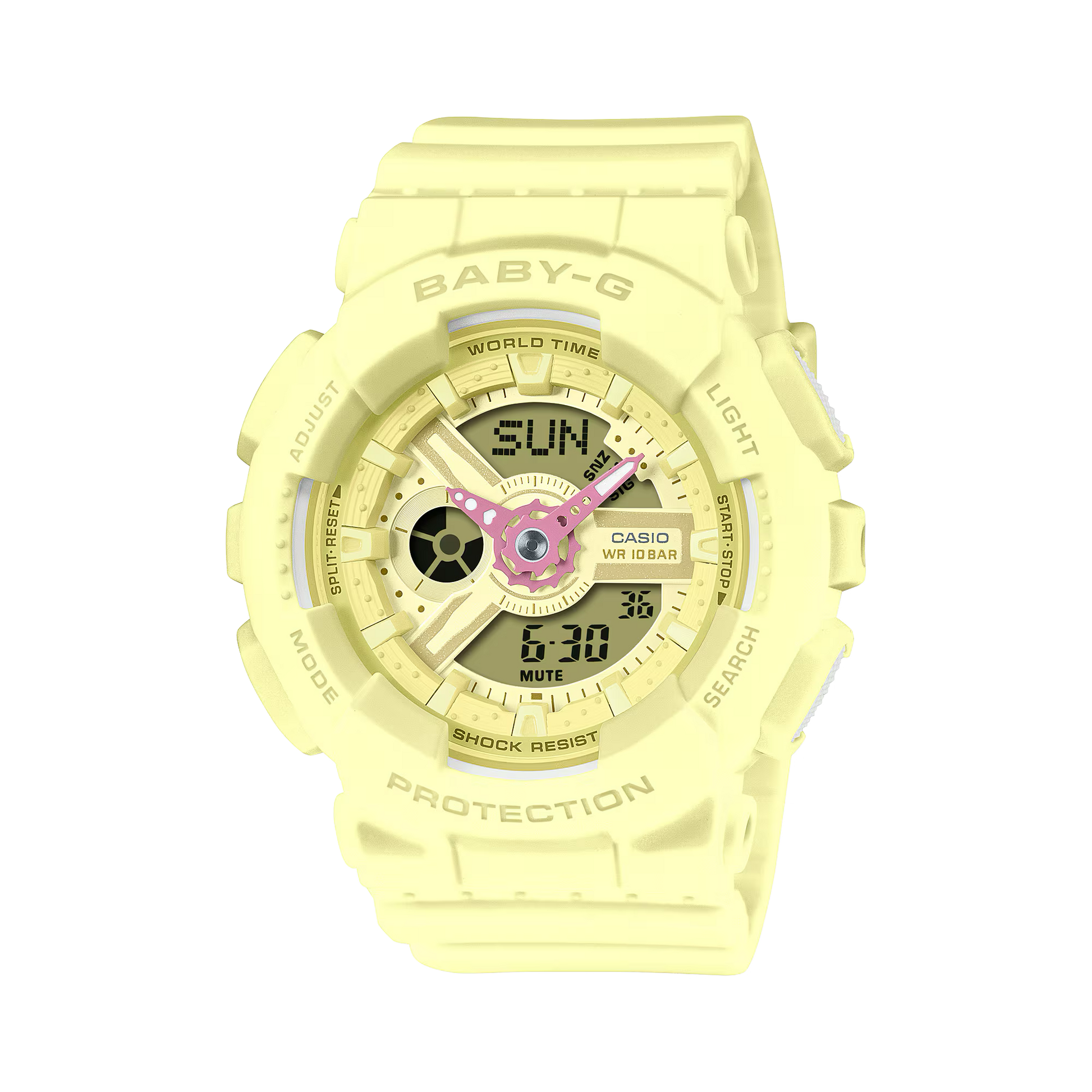 Casio BABY-G BA110AH-9A pastel-themed analog-digital watch with soft yellow case, playful multicolor accents, shock resistance, 100m water resistance, LED light, world time, stopwatch, and countdown timer.