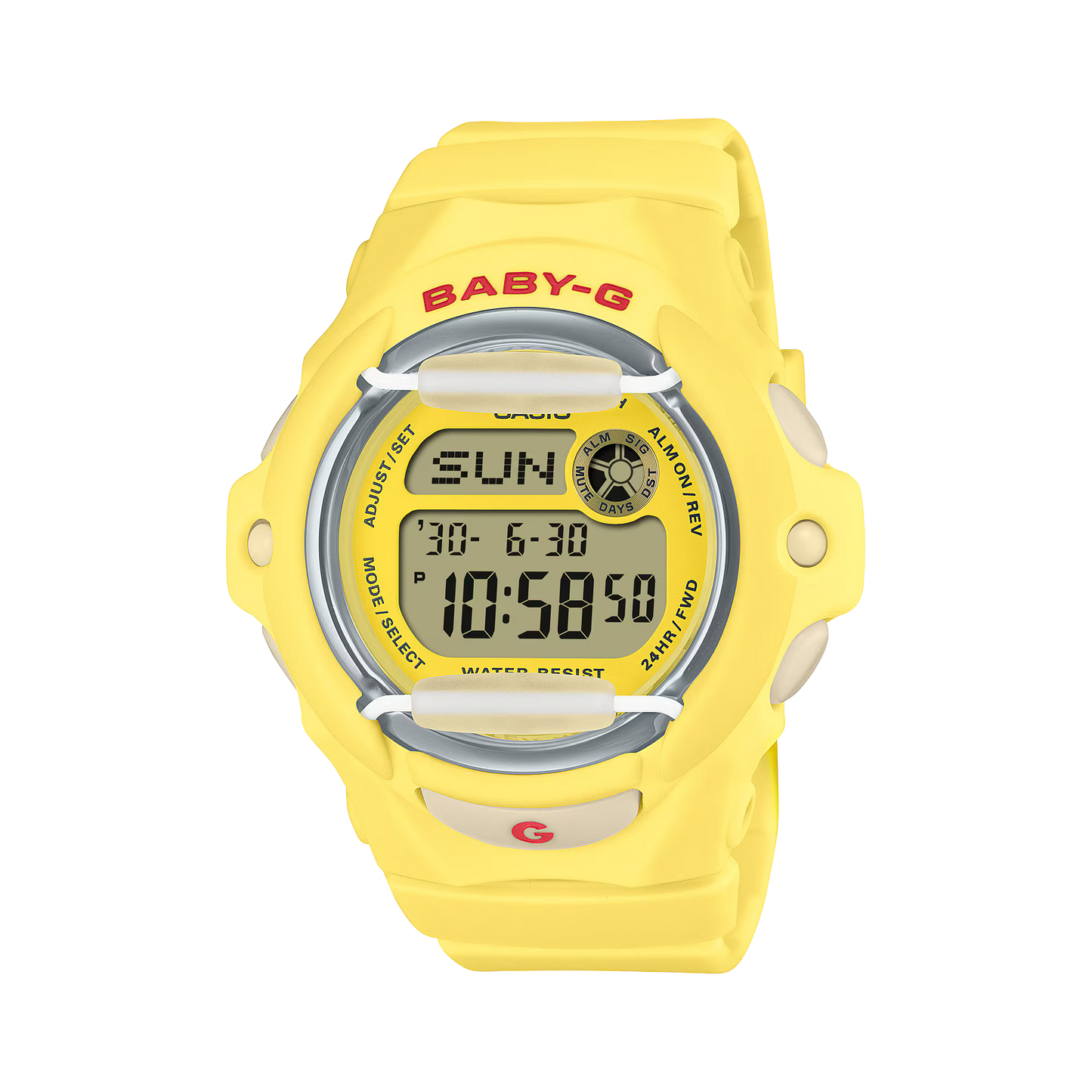 Casio BABY-G BG-169CH-9 with a compact round resin case, vivid yellow colorway, cherry motif that appears on the display when the light is activated, and shock-resistant Baby-G design.