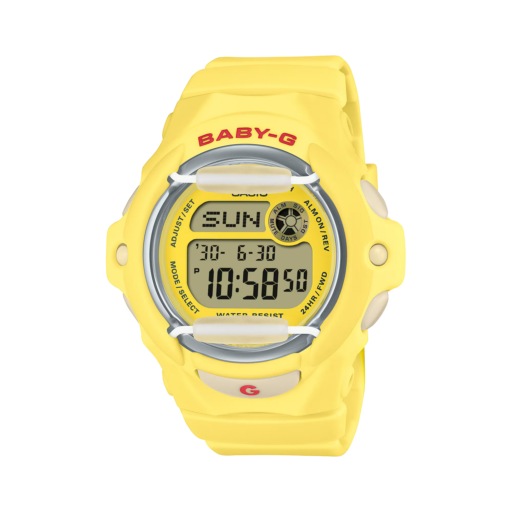 Casio BABY-G BG-169CH-9 with a compact round resin case, vivid yellow colorway, cherry motif that appears on the display when the light is activated, and shock-resistant Baby-G design.