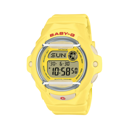 Casio BABY-G BG-169CH-9 with a compact round resin case, vivid yellow colorway, cherry motif that appears on the display when the light is activated, and shock-resistant Baby-G design.