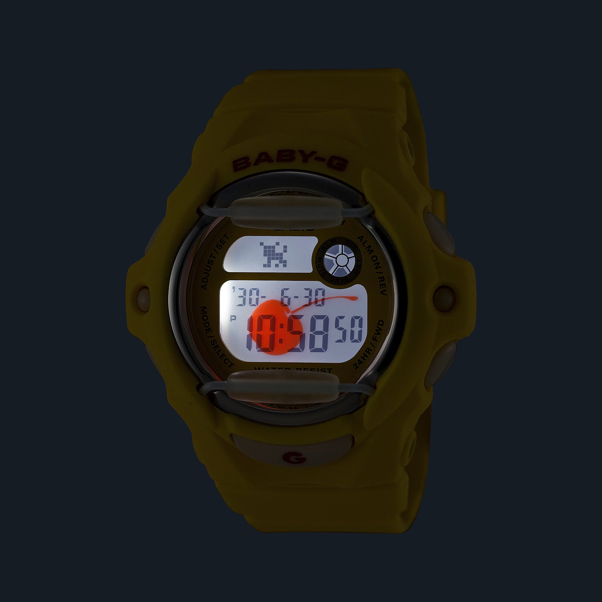 Yellow digital watch with a clear background