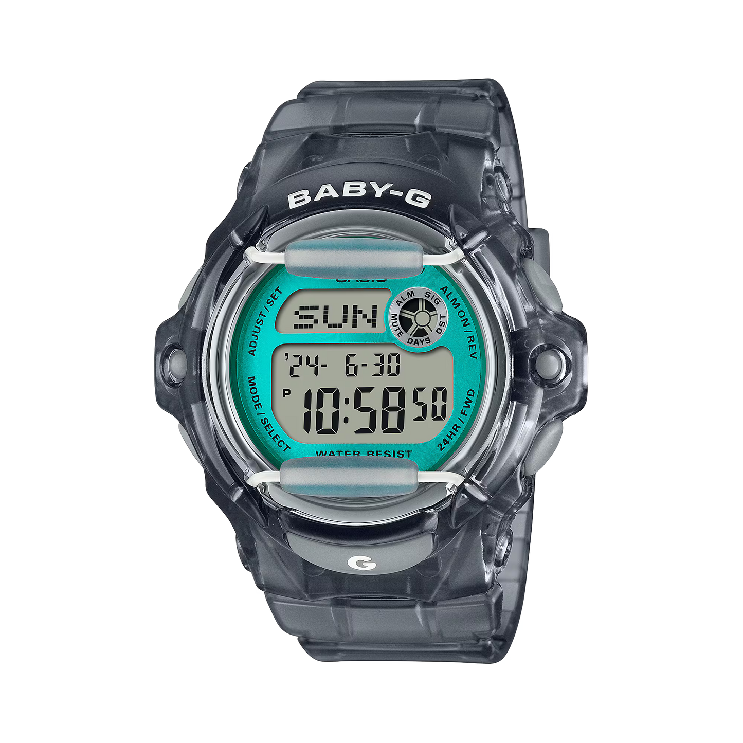 BABY-G BG169R-8B digital watch with gray resin case and band, round front protector design, shock resistance, and 200m water resistance.
