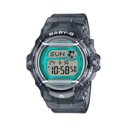 BABY-G BG169R-8B digital watch with gray resin case and band, round front protector design, shock resistance, and 200m water resistance.
