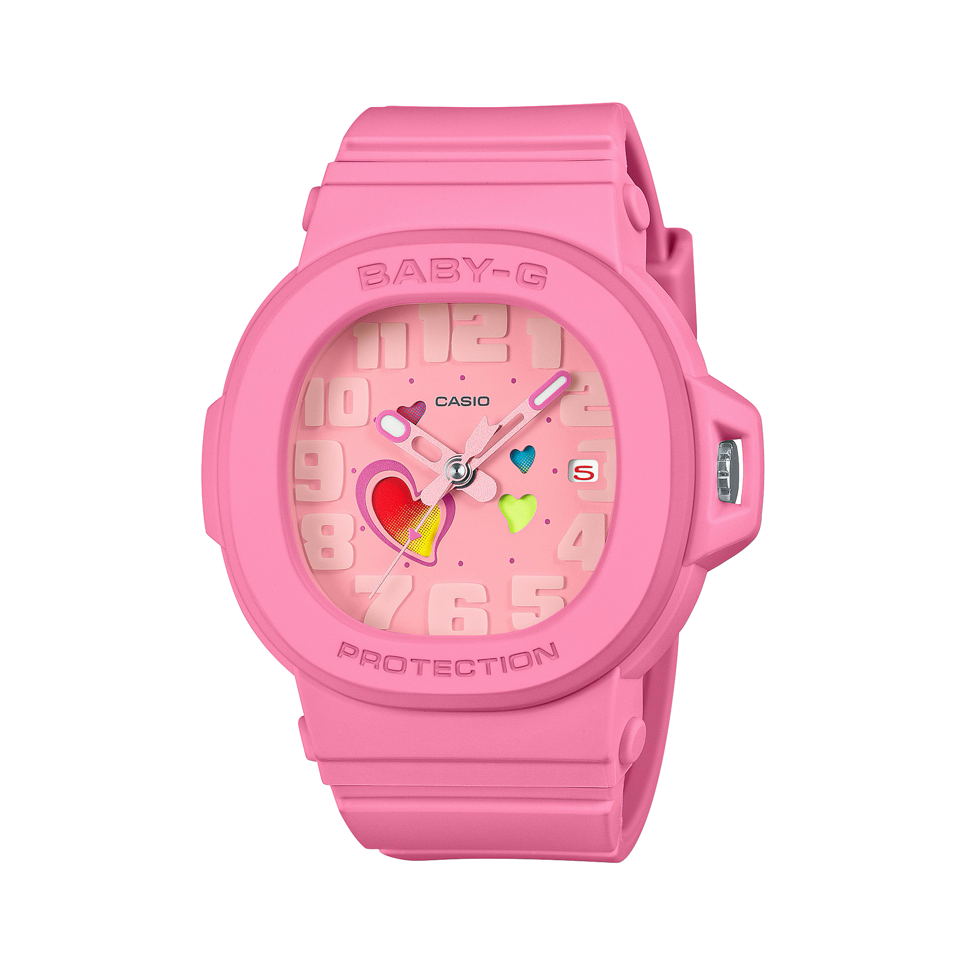 Casio BABY-G BGA10-4A Playful Hearts Series watch in lively pink resin with daily color-changing heart-motif dial, Cupid’s arrow seconds hand, detachable bezel with hidden heart detail, shock resistance, and 100m water resistance.