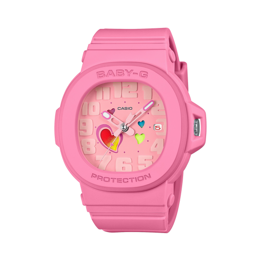 Casio BABY-G BGA10-4A Playful Hearts Series watch in lively pink resin with daily color-changing heart-motif dial, Cupid’s arrow seconds hand, detachable bezel with hidden heart detail, shock resistance, and 100m water resistance.