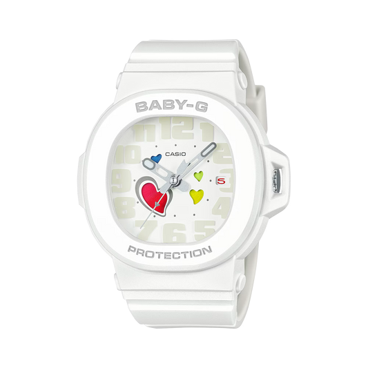 Casio BABY-G BGA10-7A Playful Hearts Series watch with white resin case, color-changing heart-motif dial, Cupid’s arrow seconds hand, detachable bezel with hidden heart detail, shock-resistant build, and 100m water resistance.