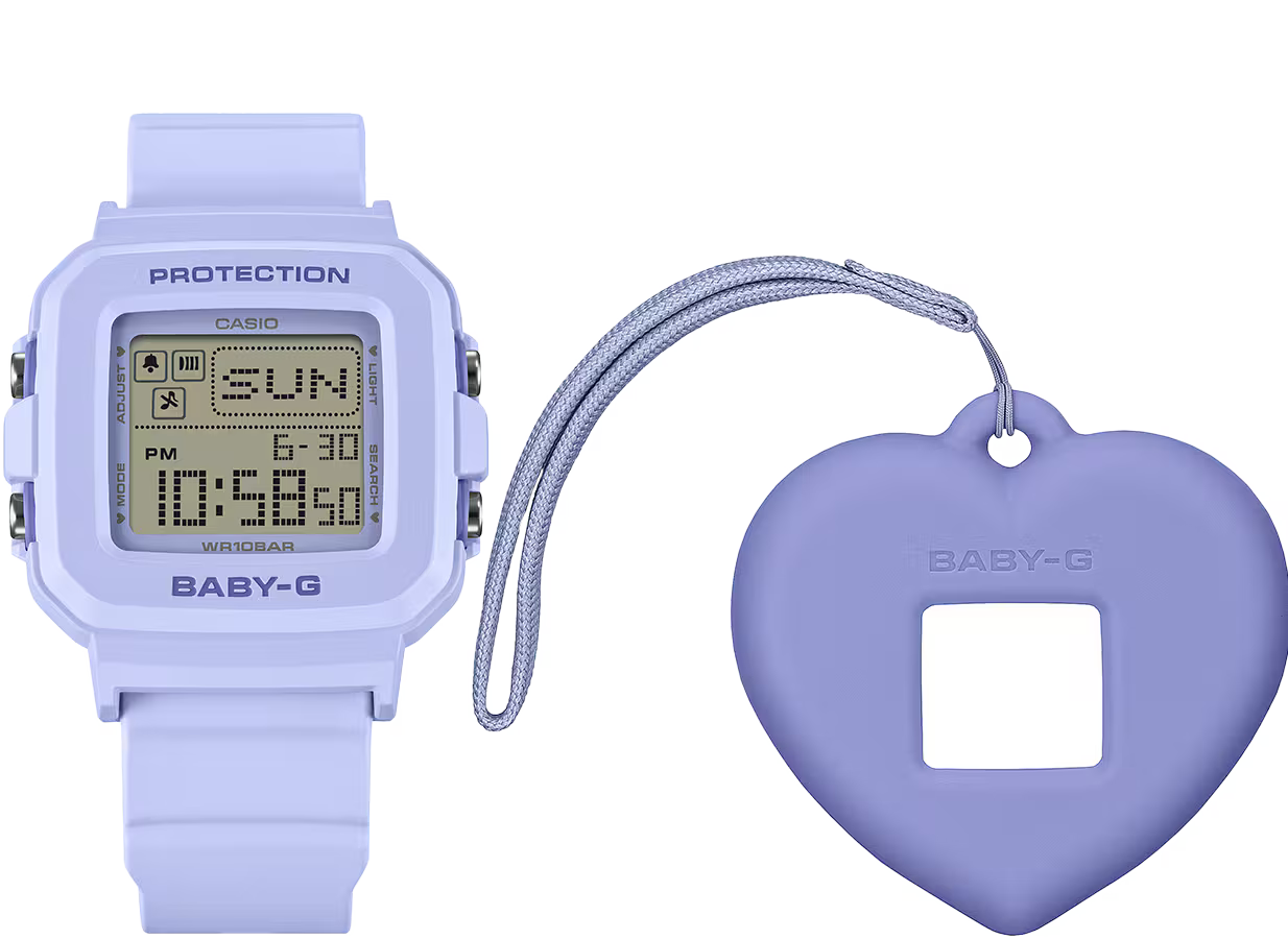 Casio BABY-G+PLUS BGD-10KH-2B in soft pastel blue with a convertible design, removable digital watch case, heart-shaped holder accessory, LED heart display, and lightweight resin band.
