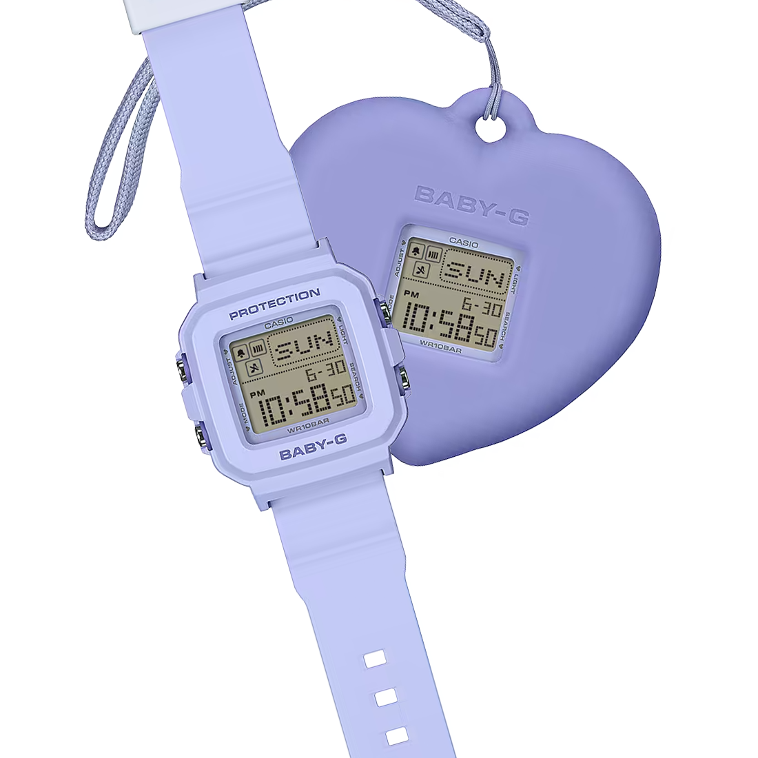 Casio BABY-G+PLUS BGD-10KH-2B in soft pastel blue with a convertible design, removable digital watch case, heart-shaped holder accessory, LED heart display, and lightweight resin band.