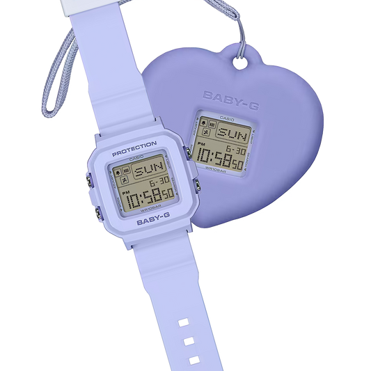 Casio BABY-G+PLUS BGD-10KH-2B in soft pastel blue with a convertible design, removable digital watch case, heart-shaped holder accessory, LED heart display, and lightweight resin band.