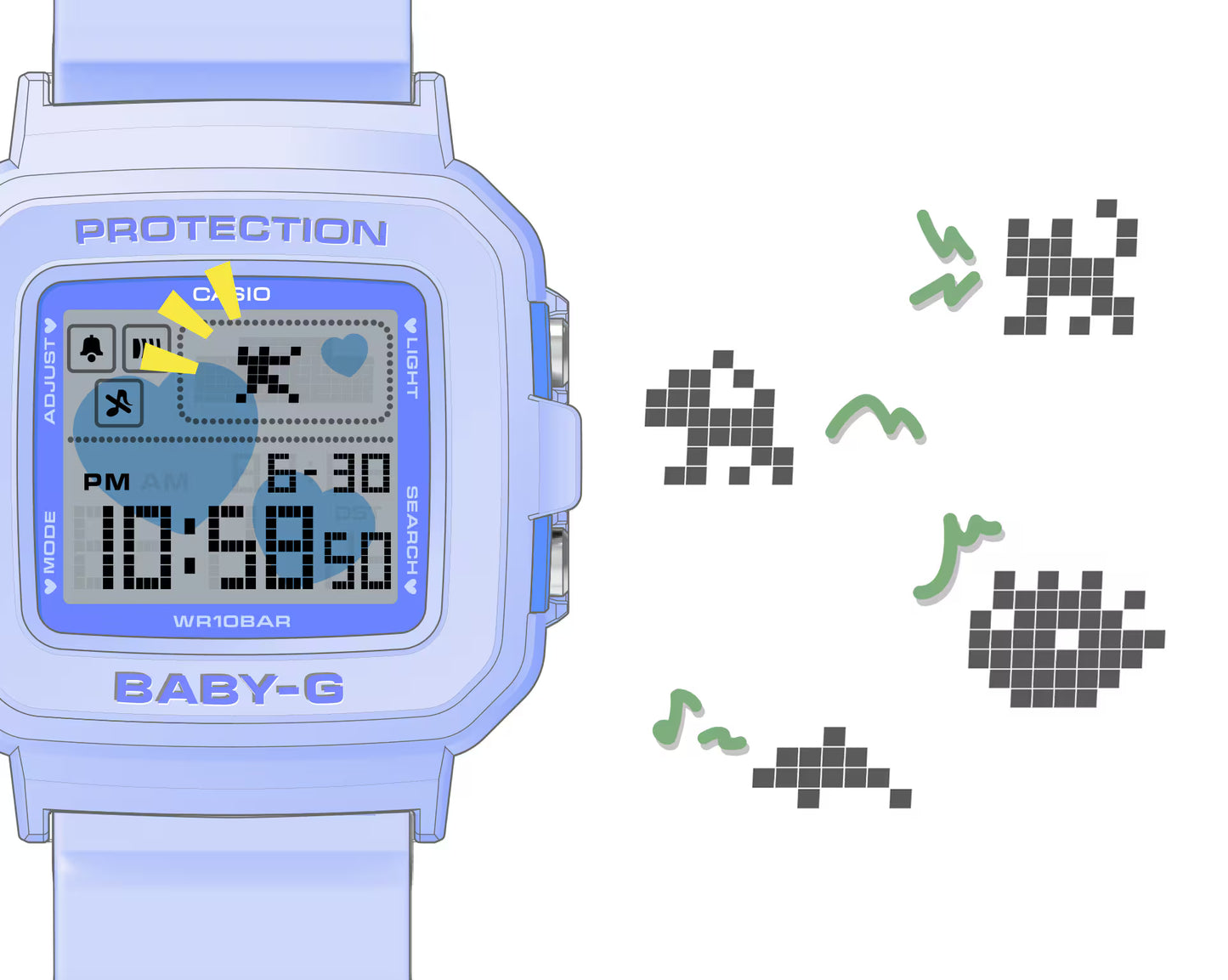 Digital watch with pixel art graphics on a white background