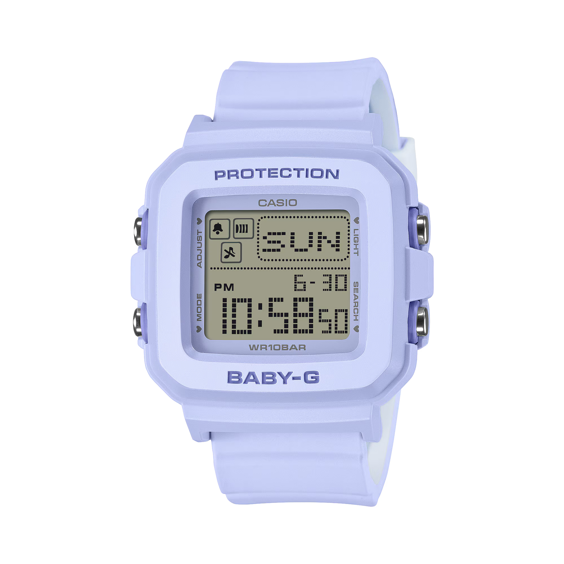 Casio Baby-G digital watch with purple strap on a white background