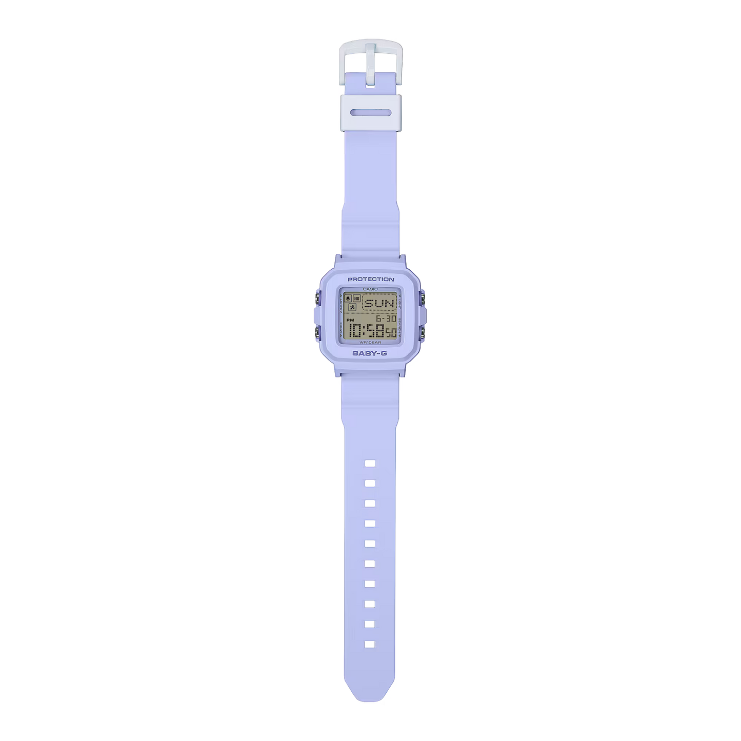 Digital watch with a light purple strap on a white background