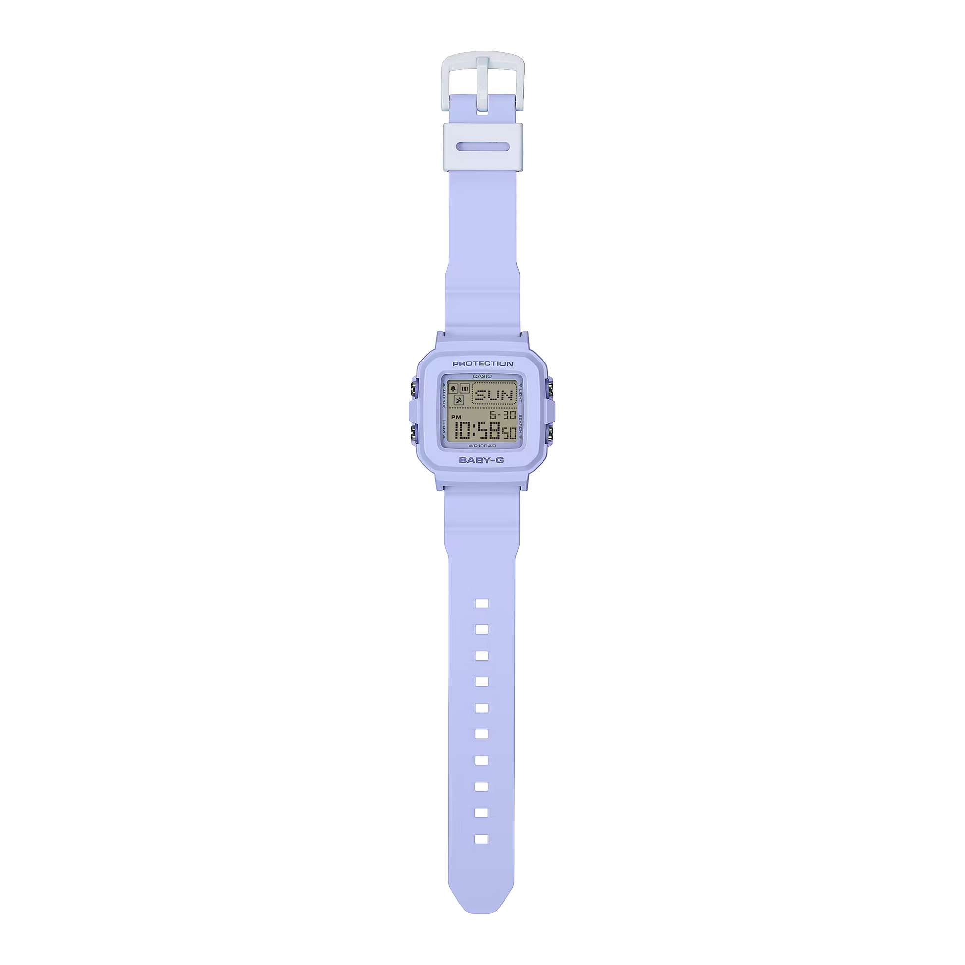 Digital watch with a light purple strap on a white background