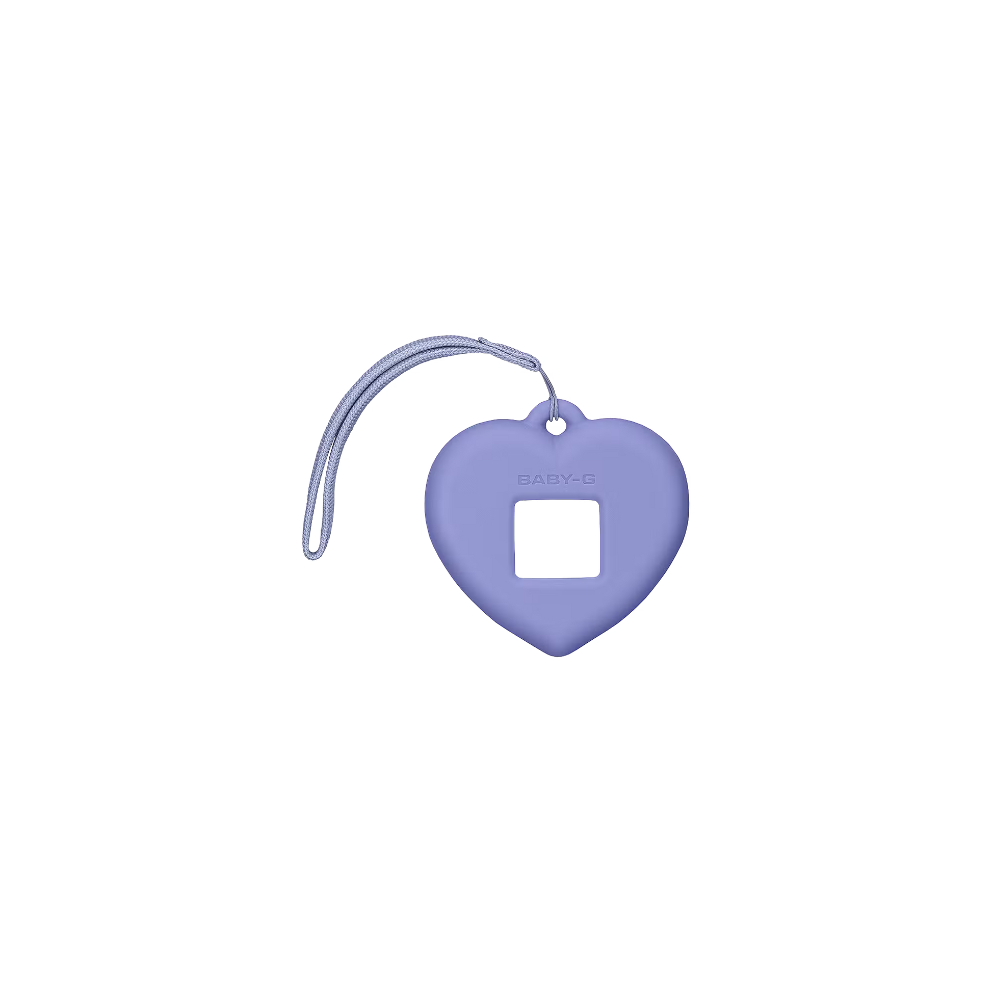 Purple heart-shaped object with a clear string on a white background