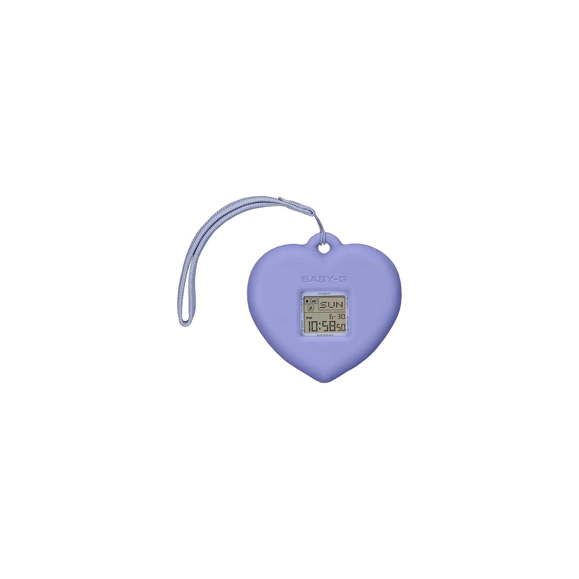Purple heart-shaped digital device with a clear tube on a white background