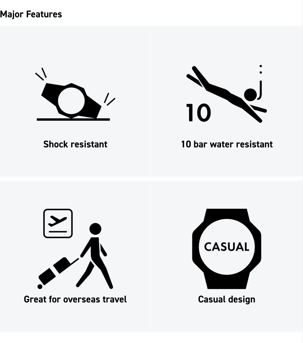 Diagram of a watch with icons and text indicating features like shock resistance, water resistance, travel compatibility, and casual design.