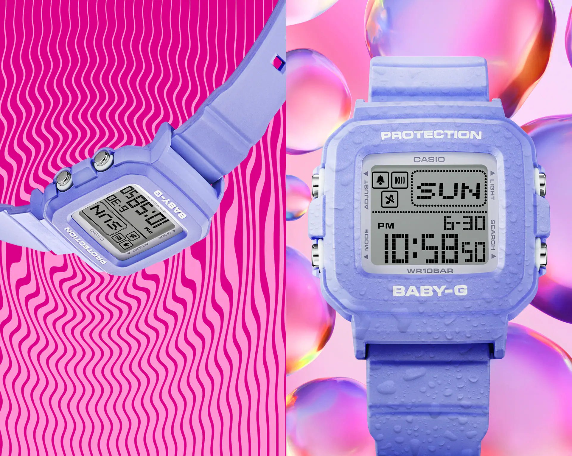 Blue digital watch with 'Baby-G' branding on a colorful background